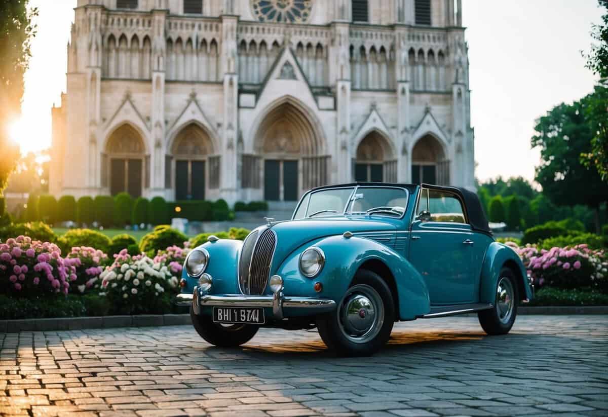 A vintage car parked in front of a grand cathedral, surrounded by lush greenery and blooming flowers. The sun is setting, casting a warm glow over the scene