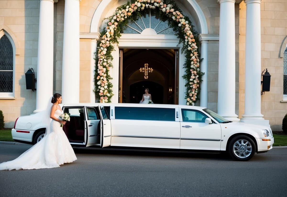 A white limousine pulls up to a grand church entrance, adorned with flowers and ribbons, as the bride steps out in her elegant gown