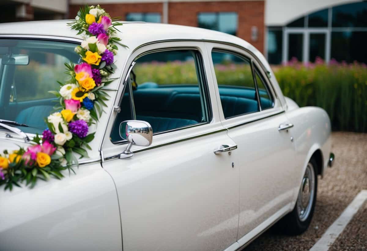 A white wedding car adorned with colorful ribbons and flowers, parked outside a venue