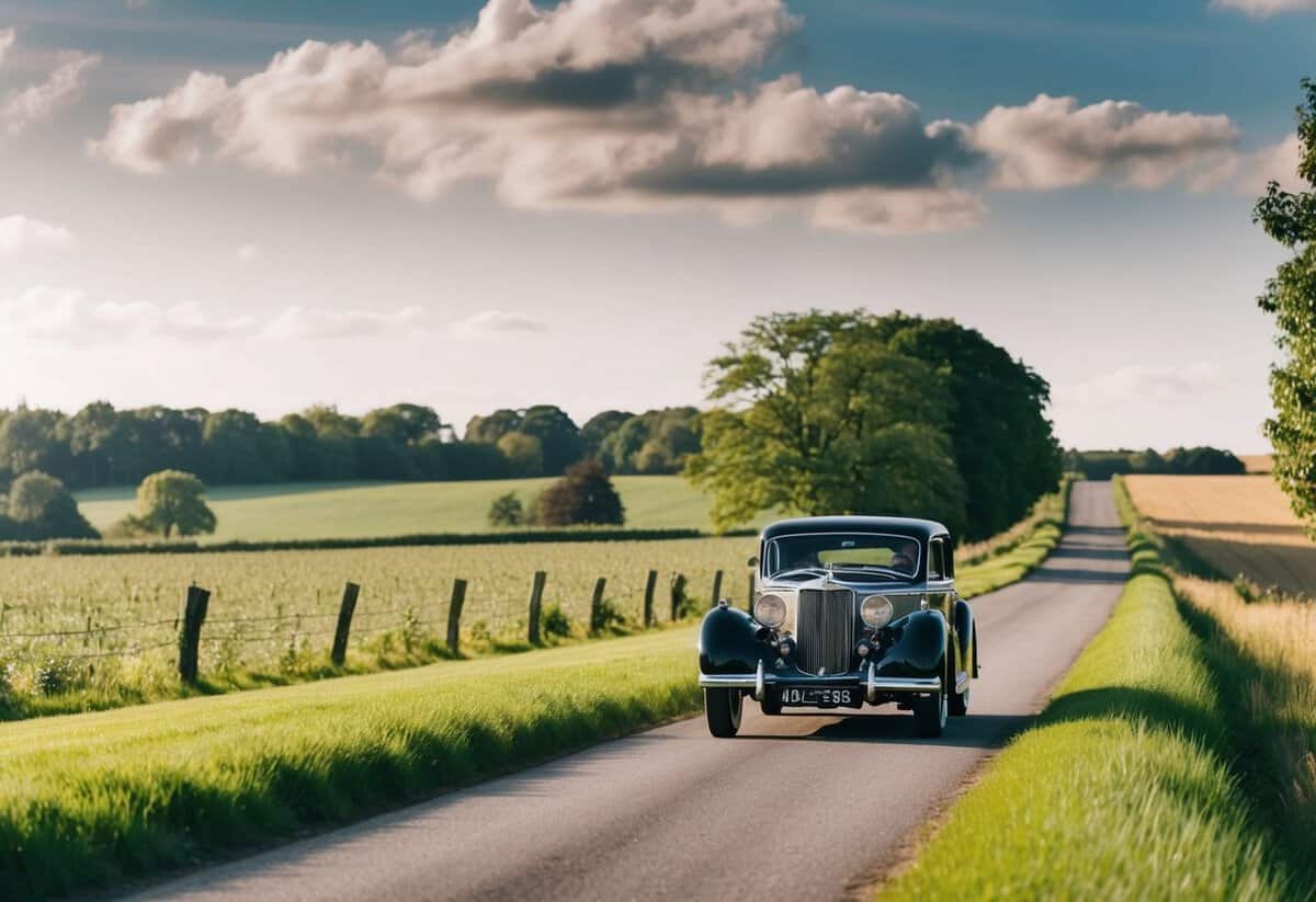 A vintage car drives through a lush countryside, passing by fields and trees, on its way to a rustic wedding venue