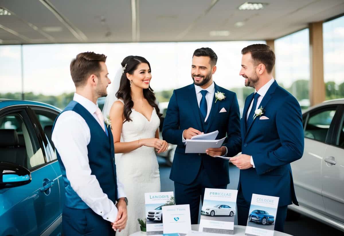 A couple discussing wedding car options with a car rental representative, surrounded by brochures and sample vehicles