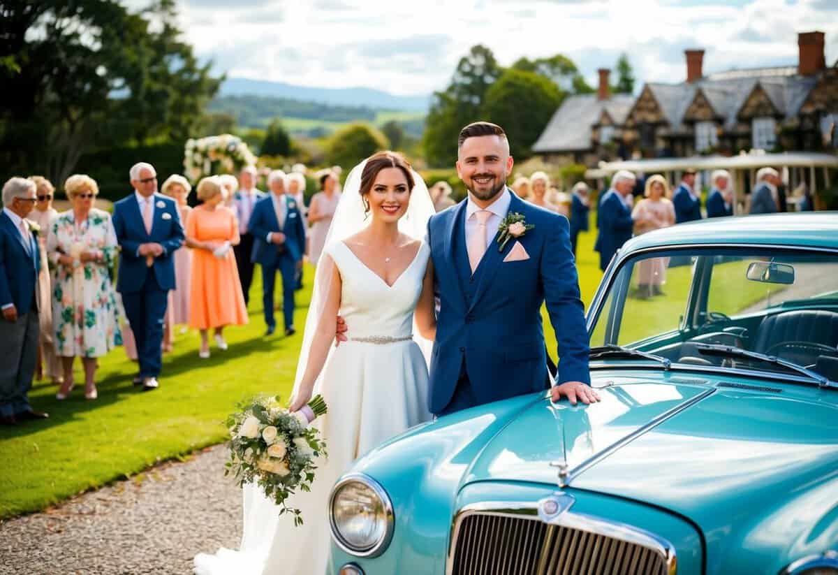 A bride and groom standing outside a vintage car, surrounded by wedding guests and a picturesque venue