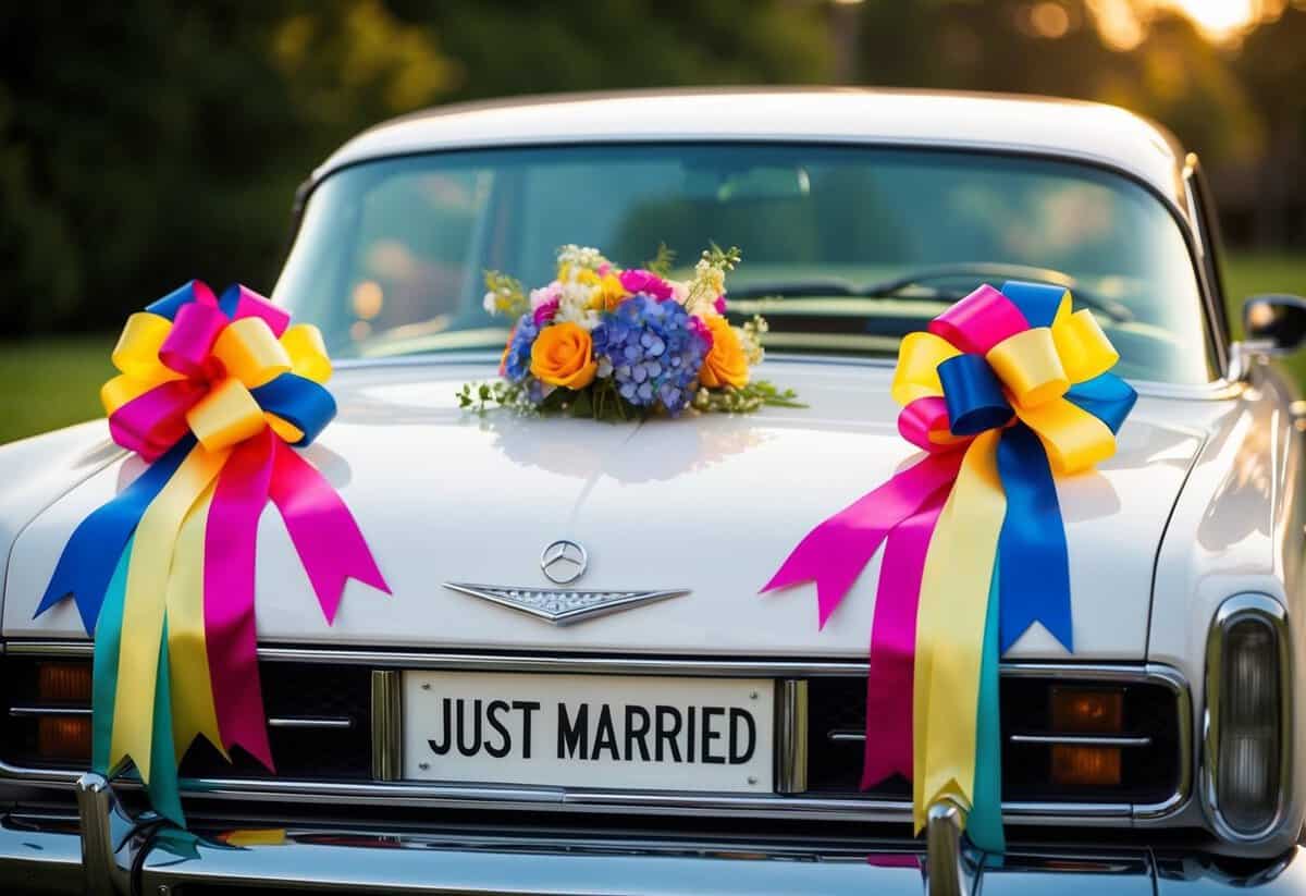 Colorful ribbons and flowers adorn the wedding car, creating a festive and celebratory atmosphere. A "Just Married" sign hangs from the back, adding a touch of whimsy