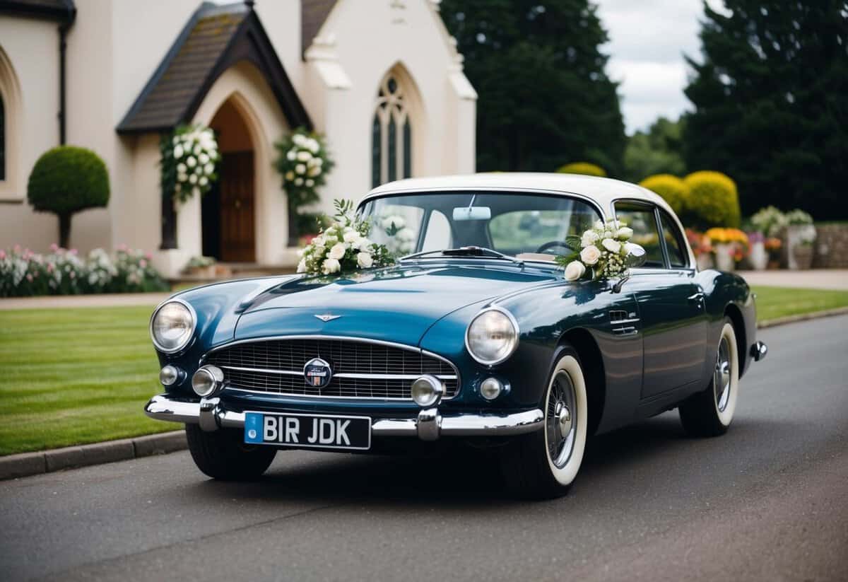 A vintage car drives up to the church, adorned with flowers and ribbons