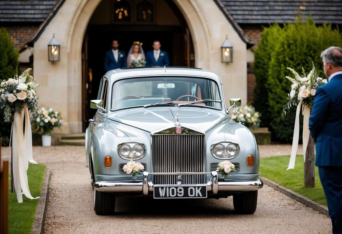 A vintage car pulls up to the church entrance, adorned with flowers and ribbons, ready for the groom's arrival