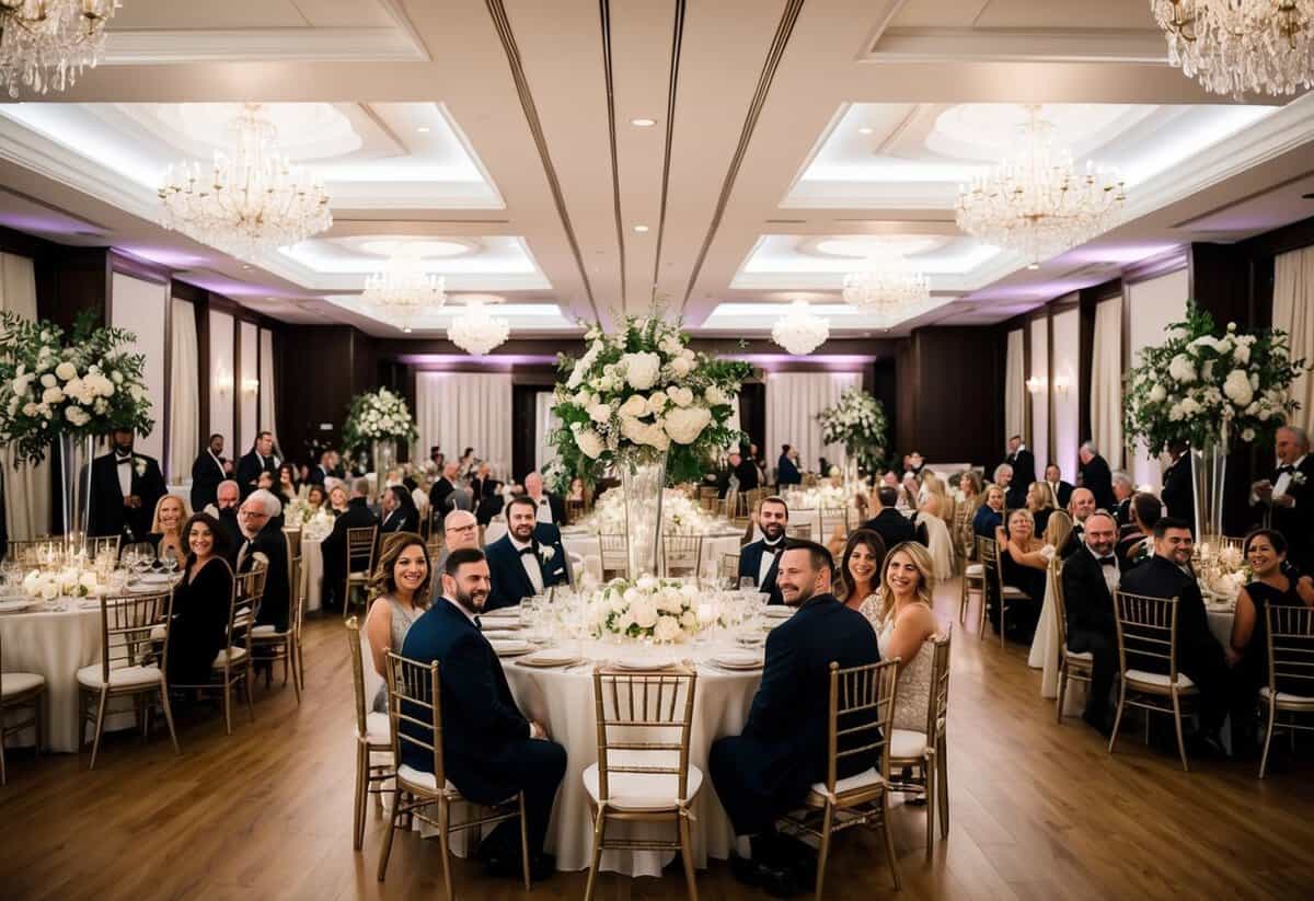 A lavish wedding venue with elegant decorations and a grand banquet table surrounded by happy guests