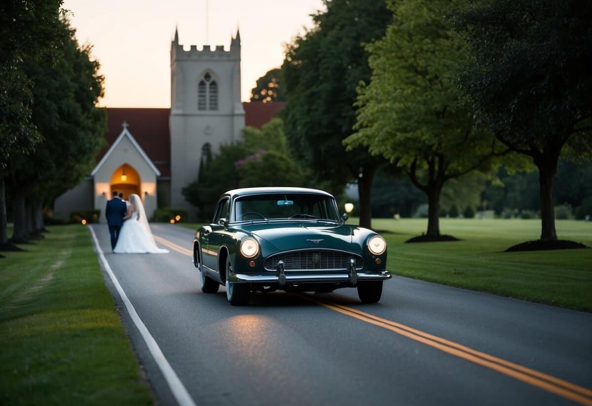 A vintage car speeds down a tree-lined road towards a quaint church, its headlights cutting through the dusk as the groom makes his way to the altar
