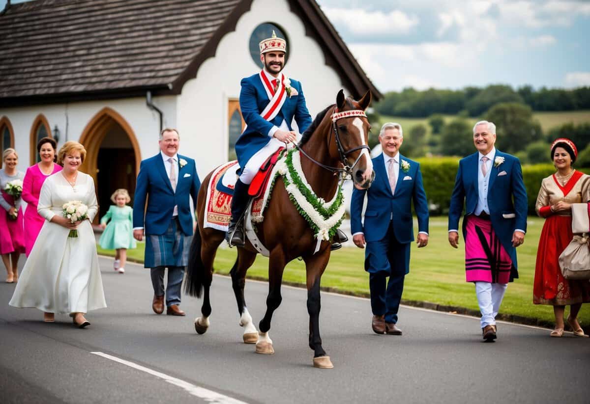 The groom rides a decorated horse to the church, accompanied by family and friends in traditional attire