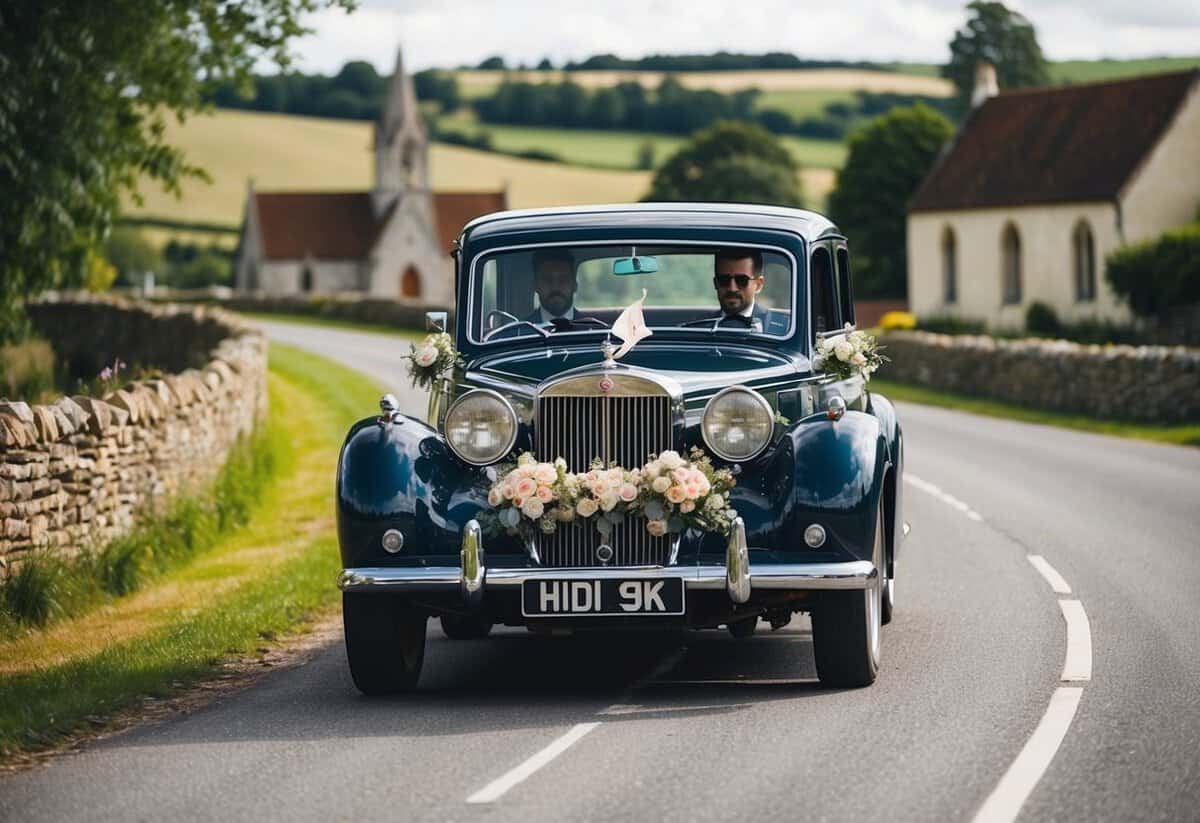 The groom rides a vintage car adorned with flowers, driving through a picturesque countryside towards the quaint church