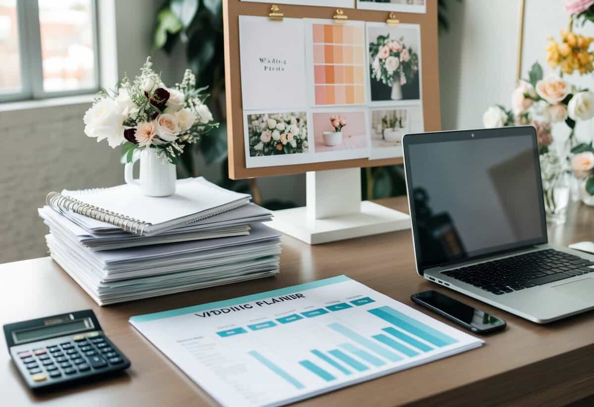 A wedding planner's desk with a laptop, calculator, and budget spreadsheets. A stack of wedding magazines and a mood board with color swatches and floral arrangements