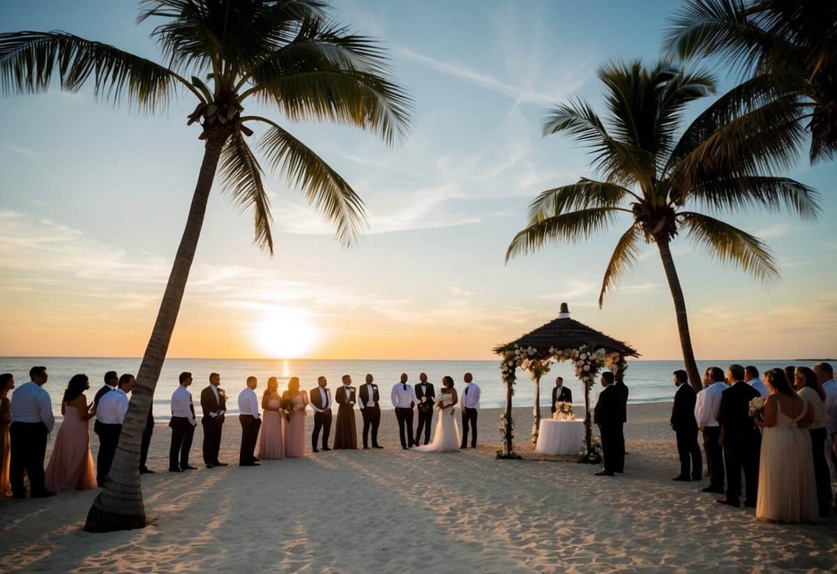 Guests gather under a tropical sunset, palm trees swaying in the breeze. A sandy beach stretches out towards the ocean, where a small wedding gazebo stands adorned with flowers