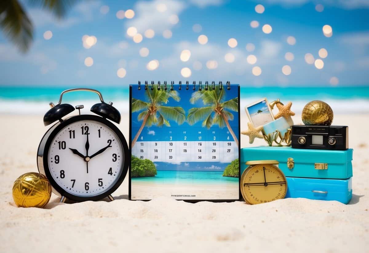 A calendar with a tropical beach background, surrounded by travel-themed decorations and a countdown clock