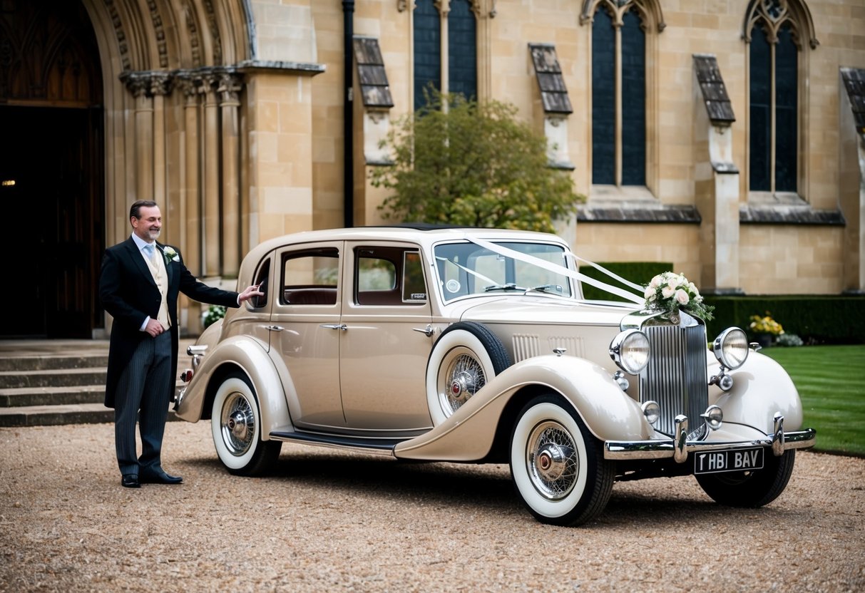 A vintage car parked outside a grand church, adorned with flowers and ribbons. A chauffeur stands by, ready to open the door for the newlyweds