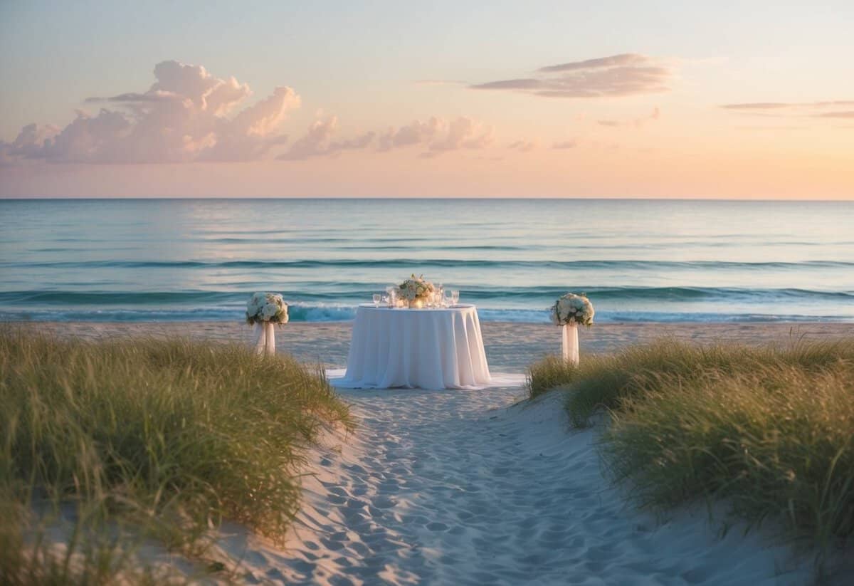 A serene beach at sunset, with a table set for a wedding reception and a path leading to the ocean