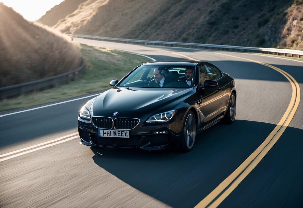 A sleek black car speeds down a winding road, with the groom and his best man inside, both dressed in sharp suits