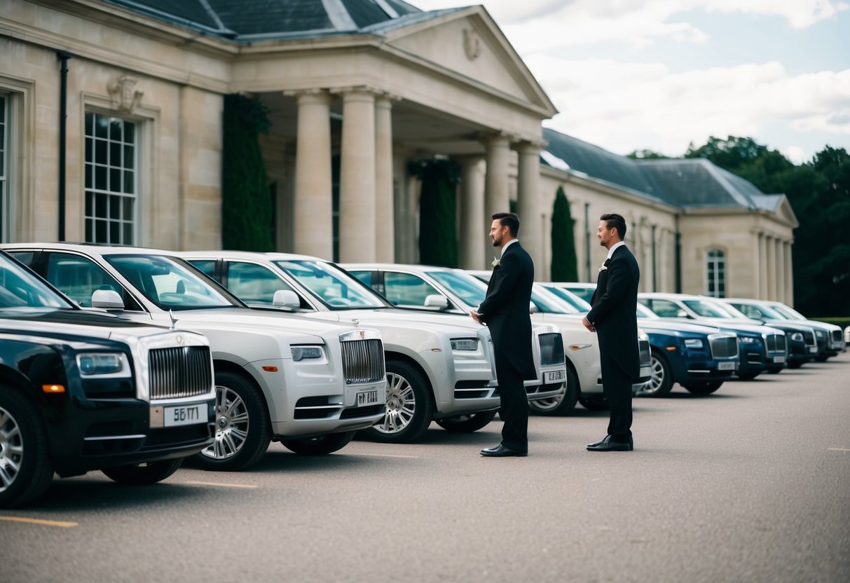 A line of elegant vehicles parked outside a grand venue, with a chauffeur waiting by each car