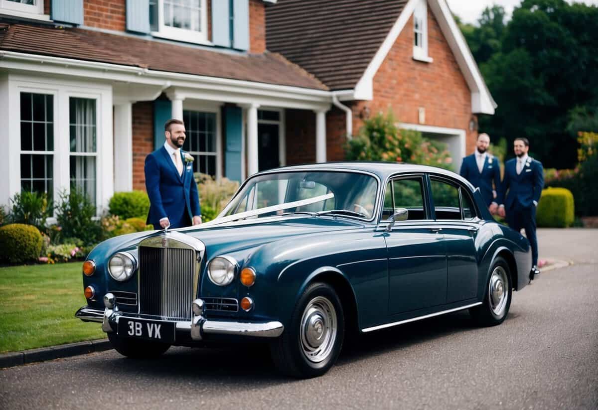 A classic car parked outside a groom's house, with the groom and his best man getting ready to depart for the wedding venue