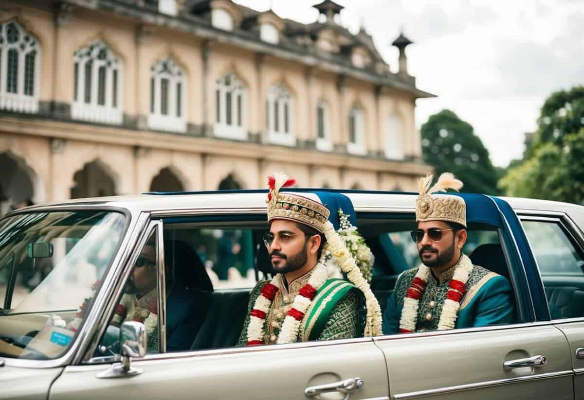 The groom's entourage travels in a decorated car, following traditional customs and etiquette