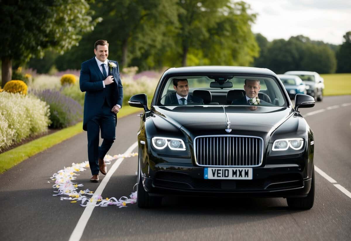 A sleek black car speeds towards the wedding venue, trailing ribbons and flowers in its wake. The groom's best man sits in the passenger seat, adjusting his tie nervously