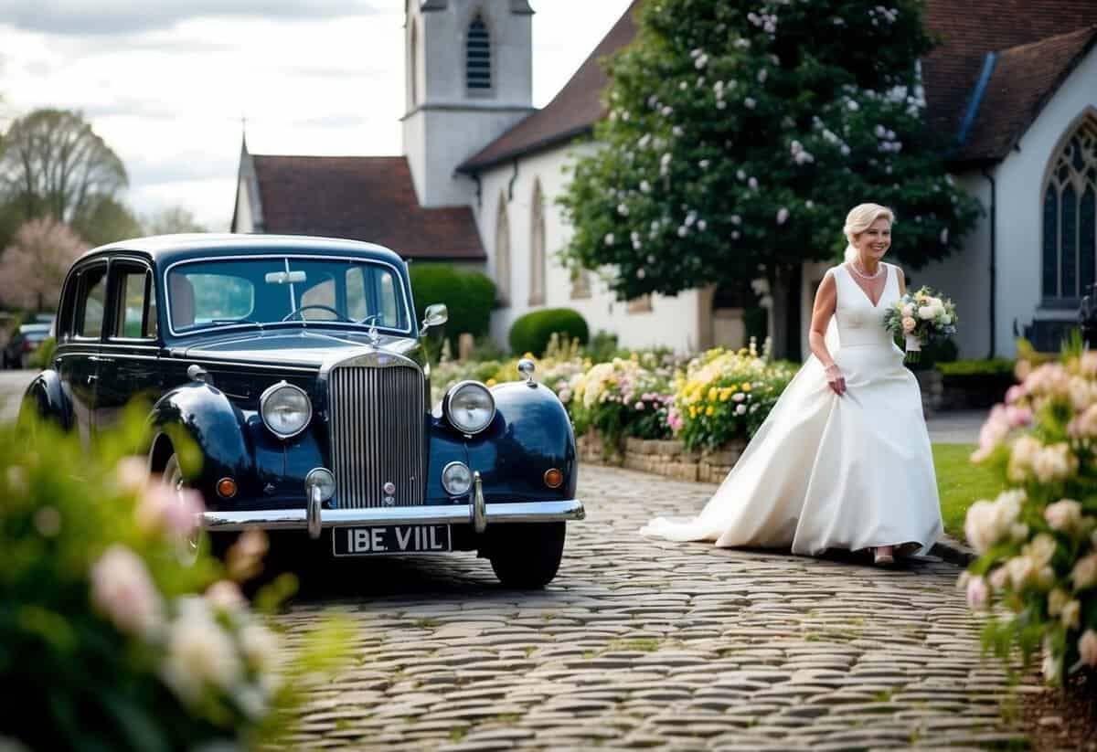 A vintage car pulls up to a quaint church, the mother of the bride stepping out onto a cobblestone path lined with blooming flowers