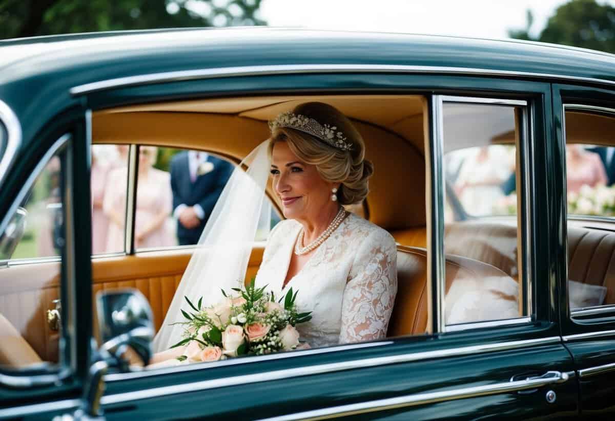 The mother of the bride arrives at the church in a vintage car, adorned with flowers and ribbons, as she is escorted by her family members