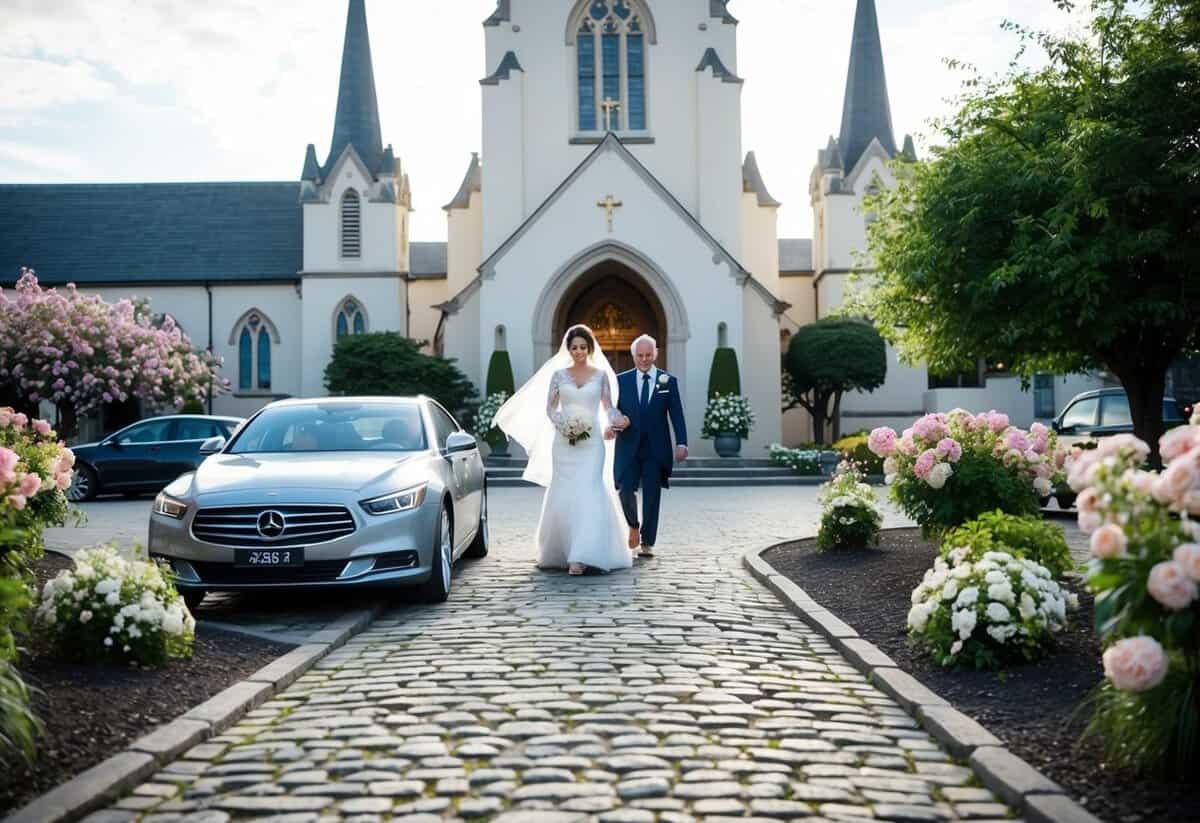 The car pulls up to the church's grand entrance, where the mother of the bride steps out onto the cobblestone path, surrounded by blooming flowers and towering spires