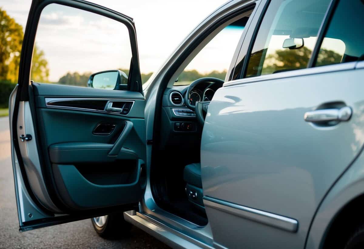A car door swings open, awaiting the bride's entrance