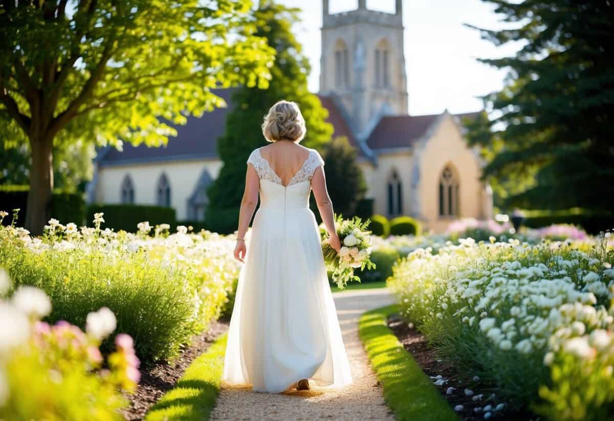 The mother of the bride walks through a flower-filled garden path towards the church, with sunlight streaming through the trees