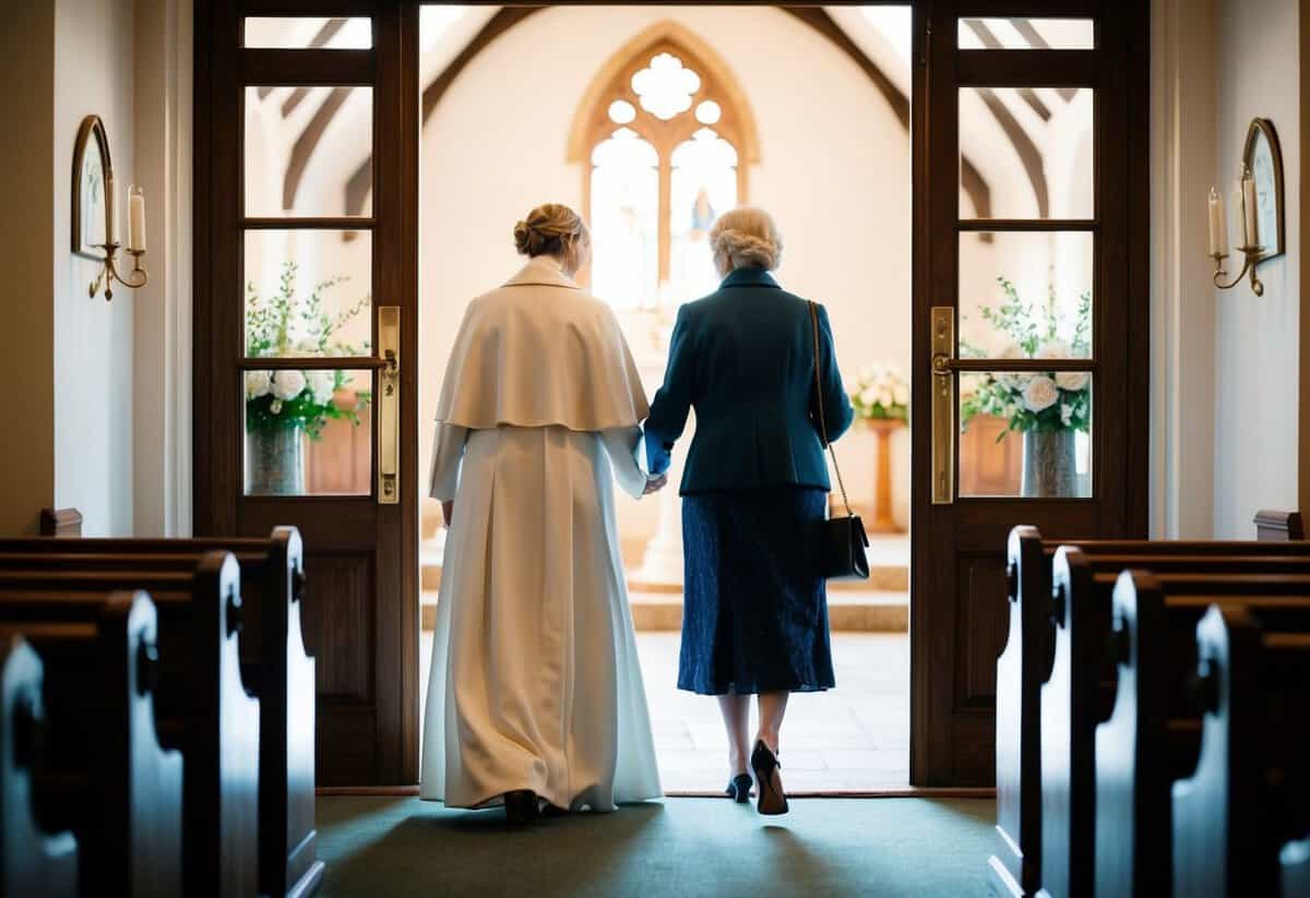 A figure stands at the church entrance, guiding the mother of the bride inside. The setting is serene and elegant, with a sense of anticipation in the air