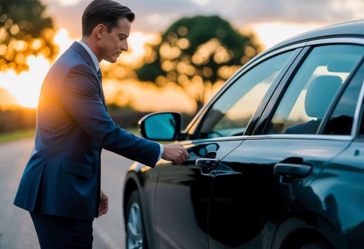 A car door being opened by a figure in formal attire