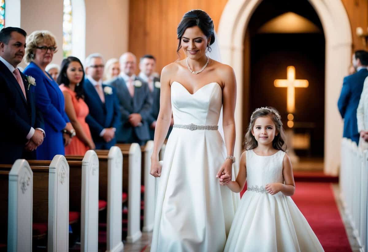 A woman in an elegant dress walks her daughter into a church with a proud and loving expression on her face