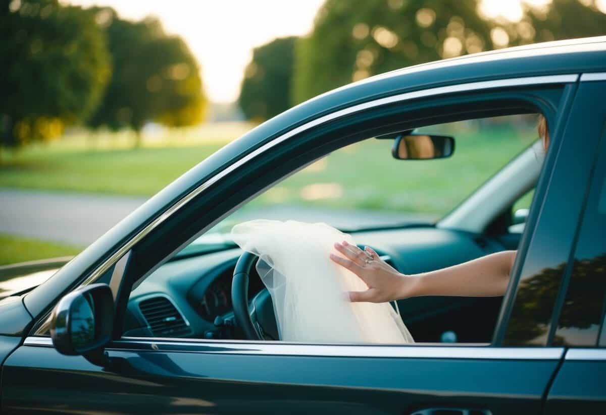 A hand reaches out to open the car door, with the bride's dress visible inside