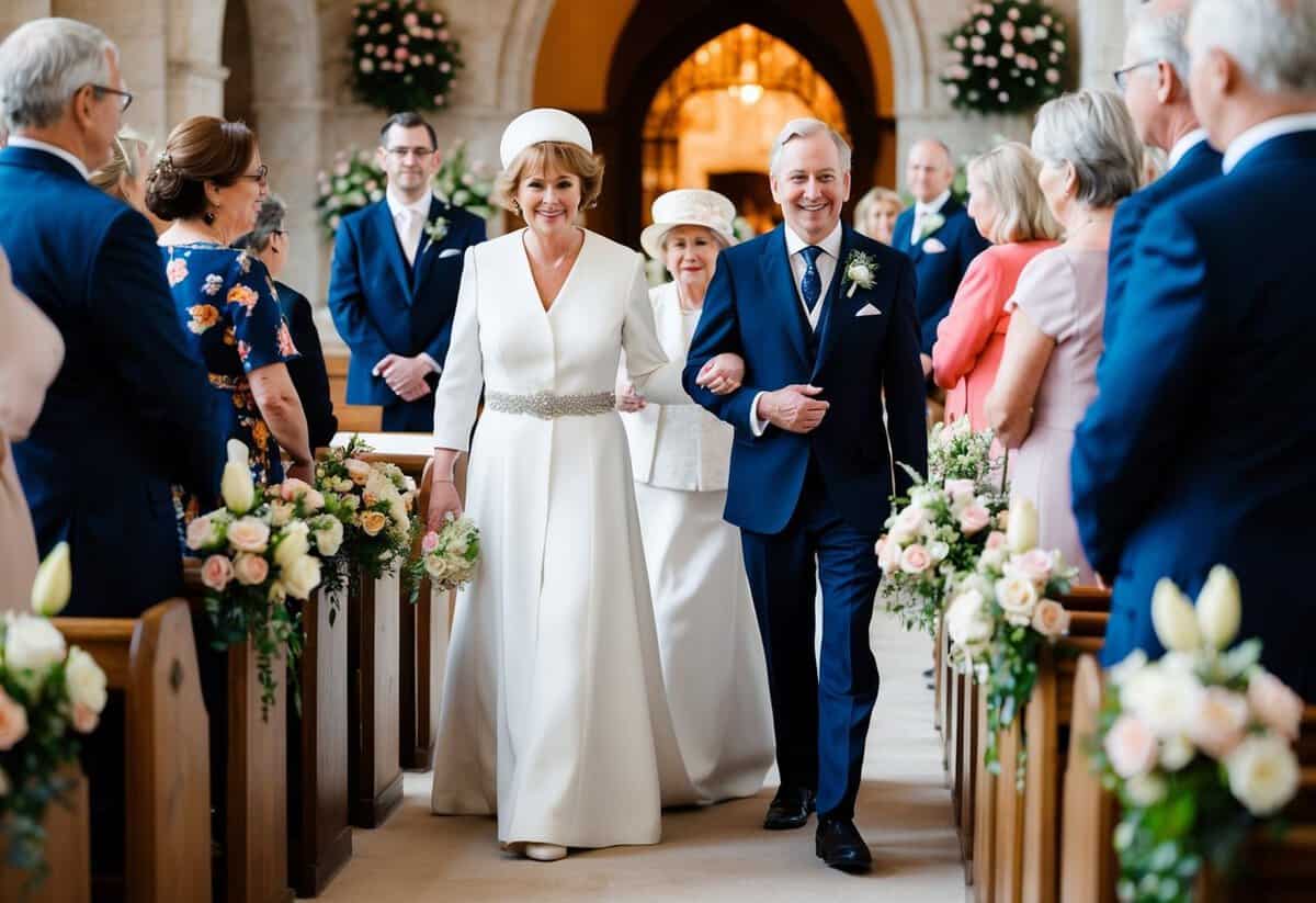 A figure leads the mother of the bride into the church, surrounded by flowers and music