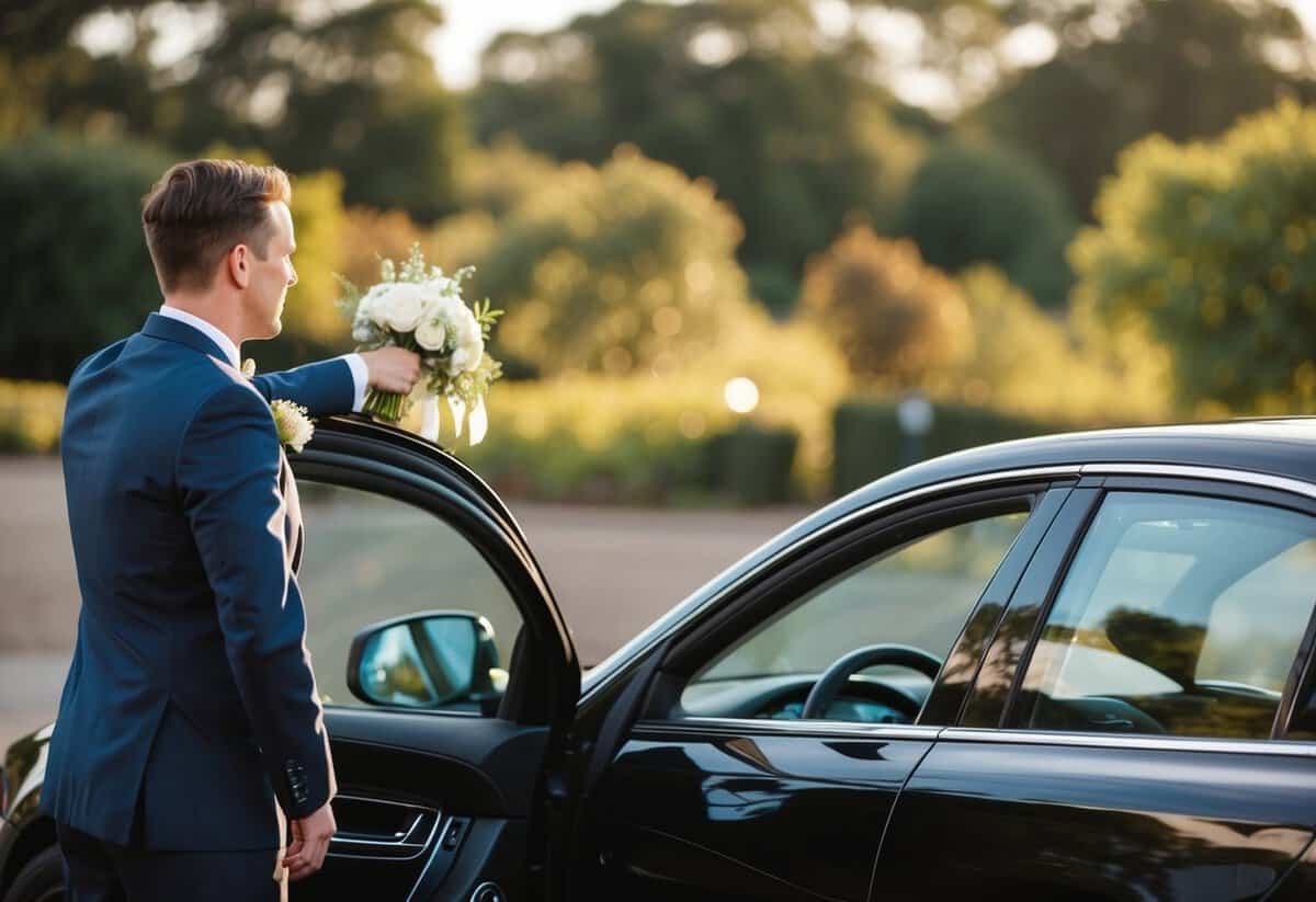 A chauffeur opens the car door for the bride