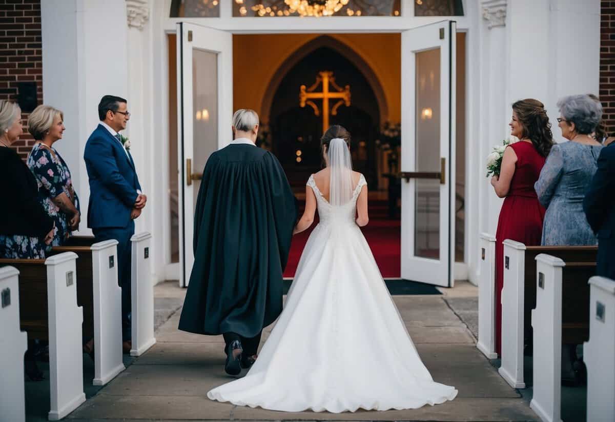 A figure leading a woman in a flowing gown towards a church entrance