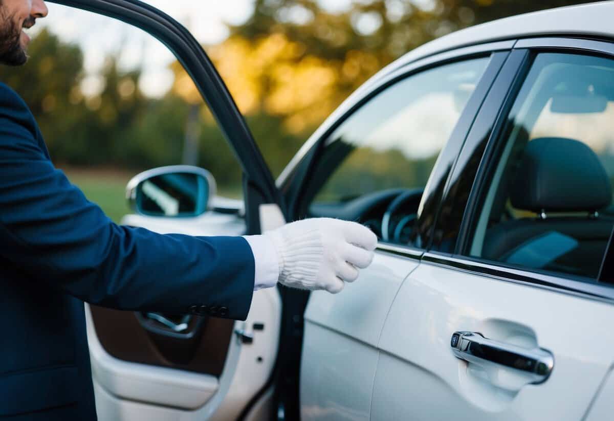 A white gloved hand opens the car door for the bride