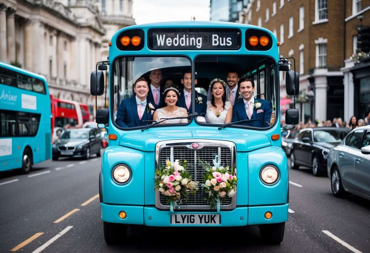 A London wedding bus filled with joyful guests, adorned with flowers and ribbons, driving through the city streets
