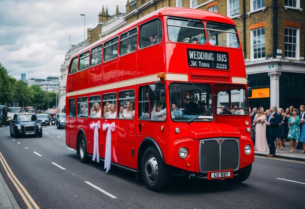 A red double-decker wedding bus drives through the streets of London, adorned with white ribbons and filled with joyful guests