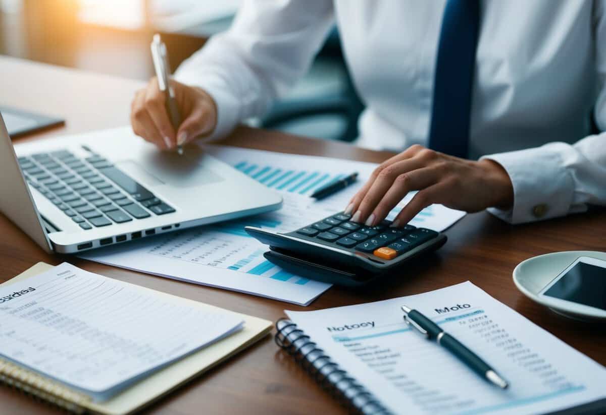 A wedding planner sitting at a desk, surrounded by budget spreadsheets, a calculator, and a laptop. A cup of coffee and a notepad with scribbled notes are also on the desk