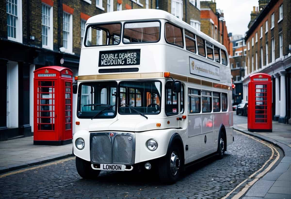 A double-decker wedding bus in London, with open top deck and elegant white exterior, parked on a cobblestone street with iconic red phone booths in the background