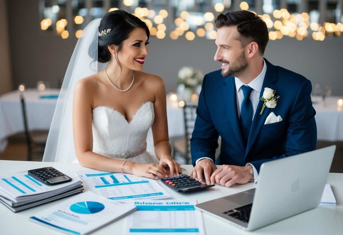 A bride and groom sit at a table with a spreadsheet and calculator, surrounded by wedding magazines and a laptop showing budgeting websites