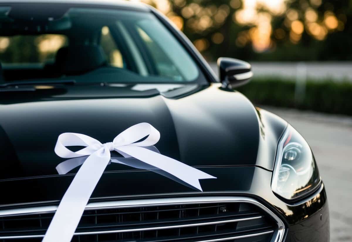 A shiny black car with a white ribbon tied to the front grille