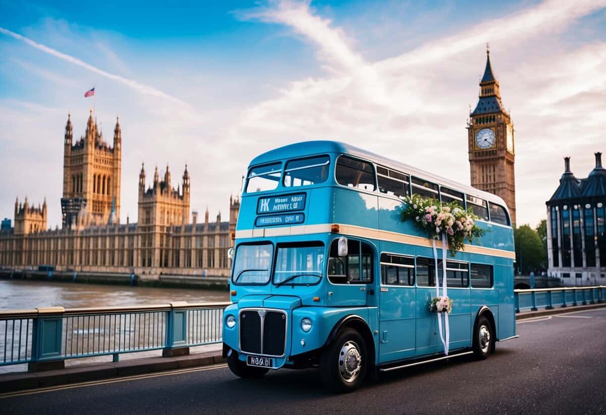 A vintage double-decker wedding bus parked in front of iconic London landmarks, adorned with flowers and ribbons, ready to transport wedding guests