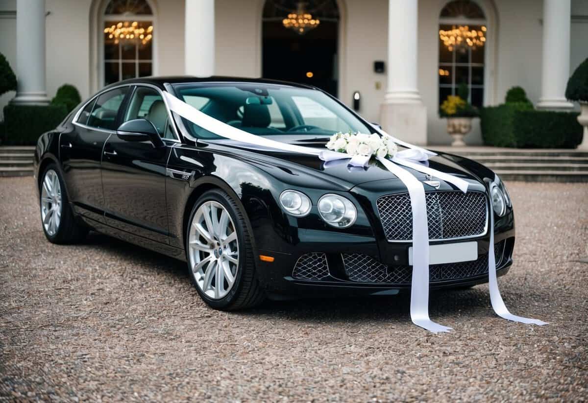 A sleek black car adorned with white ribbons parked outside a grand venue, symbolizing the significance of wedding car decorations