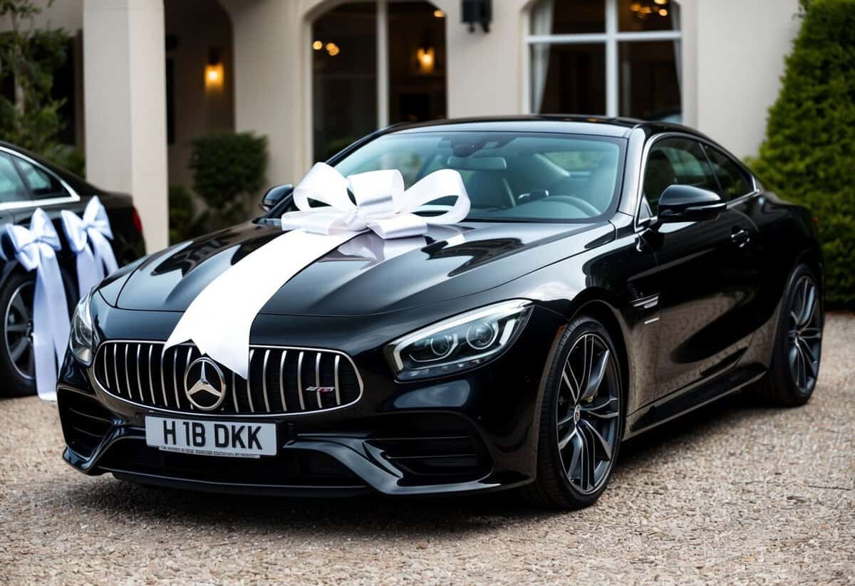 A sleek black car parked outside a wedding venue, adorned with white satin ribbons and a large bow on the hood