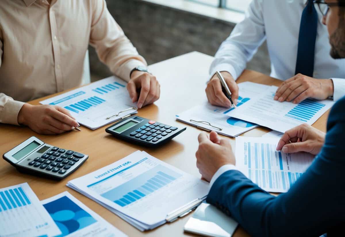 A couple sits at a table with papers, calculators, and wedding magazines spread out, discussing finances and making notes
