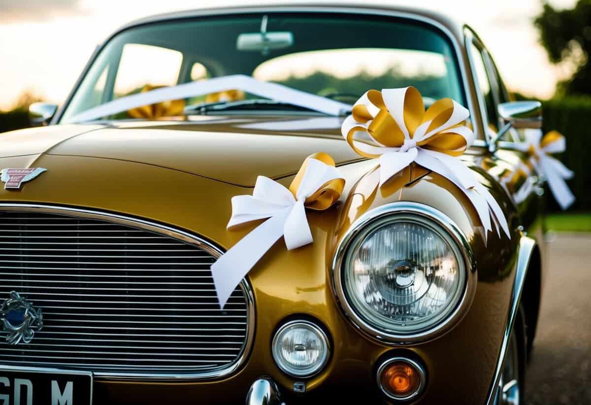 A classic car adorned with white and gold ribbons for a wedding celebration