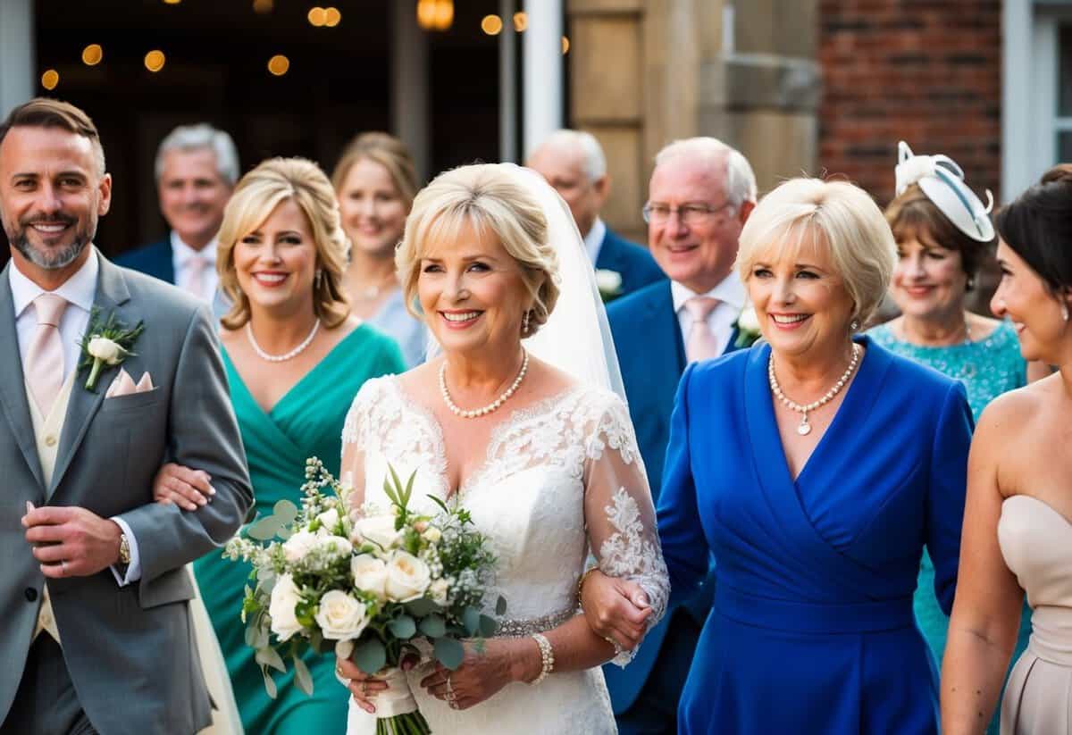The mother of the bride arrives with a group of close family members and friends, all smiling and chatting as they approach the wedding venue