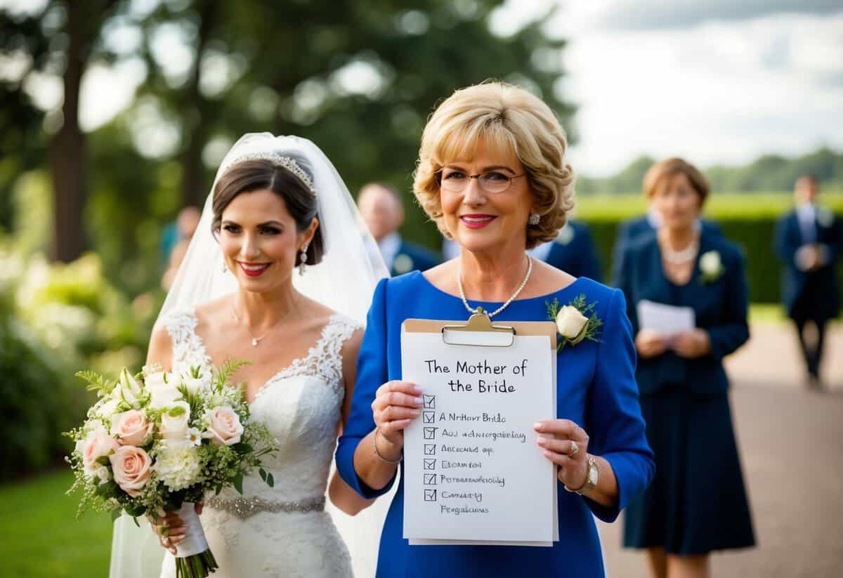 The mother of the bride arrives with a bouquet of flowers and a checklist of pre-wedding responsibilities