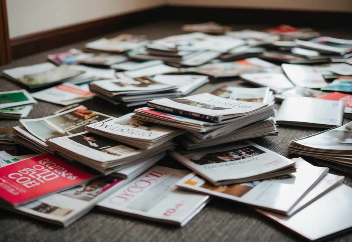 A pile of discarded wedding magazines and brochures scattered on the floor